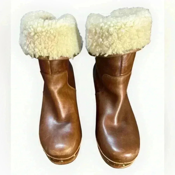 UGG Australia 1958 Brown Leather Fold Over Sheepskin Boots Womens - Picture 1 of 9